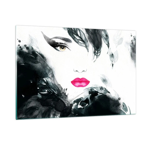 Quadro su vetro - Ritratto di una donna con labbra rosa e accenti neri - 120x80cm - Attenzione! Femme fatale - Decorazione murale moderna per soggiorno e camera da letto ARTTOR