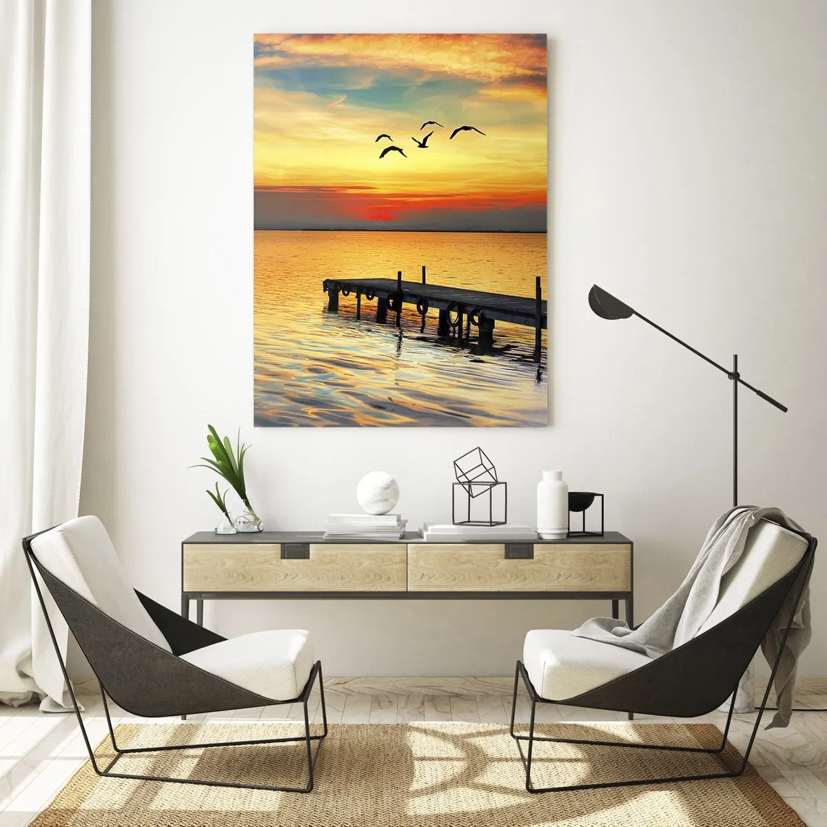 Quadro su vetro - Tramonto con barca a vela e molo su un lago calmo - 80x120cm - Il ritorno alla sera - Decorazione murale moderna per soggiorno e camera da letto ARTTOR