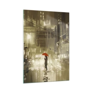 Quadro su vetro - Persona con ombrello rosso nella luce piovosa della città di notte - 50x70cm - Sola ma non solitaria - Decorazione murale moderna per soggiorno e camera da letto ARTTOR