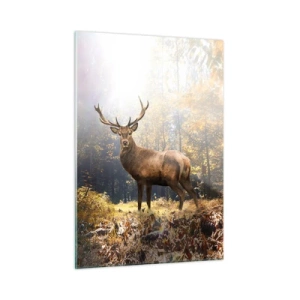 Quadro su vetro - Un maestoso cervo in una foresta autunnale illuminata dal sole - 50x70cm - Nella piena maestà - Decorazione murale moderna per soggiorno e camera da letto ARTTOR