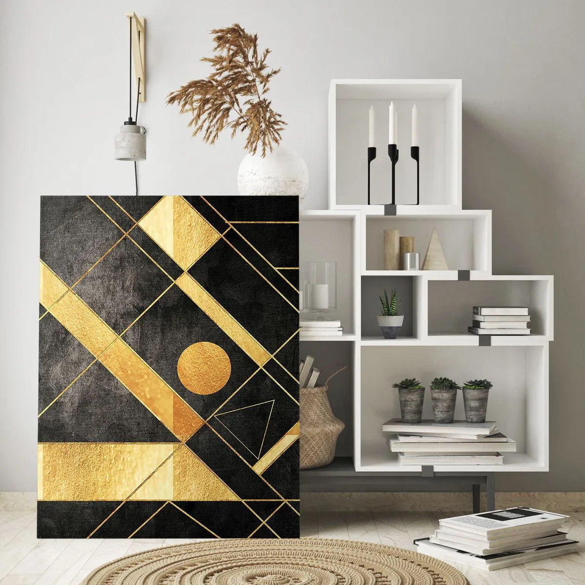 Quadro su vetro - Motivi geometrici dorati su sfondo nero - 50x70cm - Sole del deserto - Decorazione murale moderna per soggiorno e camera da letto ARTTOR