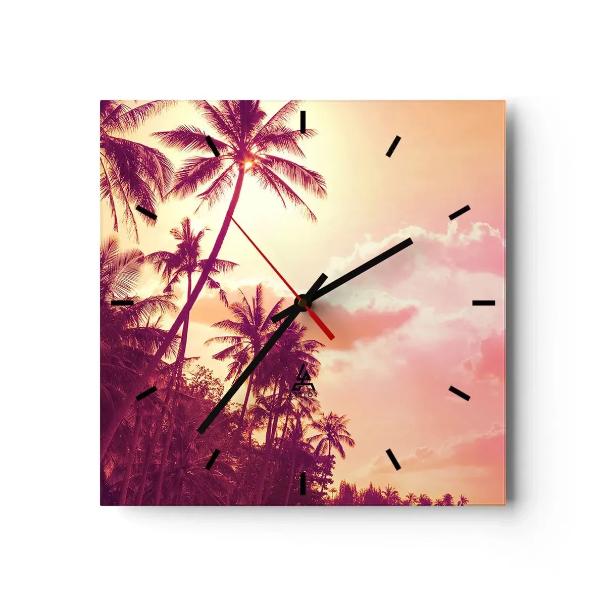 Orologio da parete - Orologio in Vetro - Palme illuminate dal sole al tramonto in un cielo tropicale - 30x30cm - Devi scegliere - Decorazione murale moderna per soggiorno e camera da letto ARTTOR