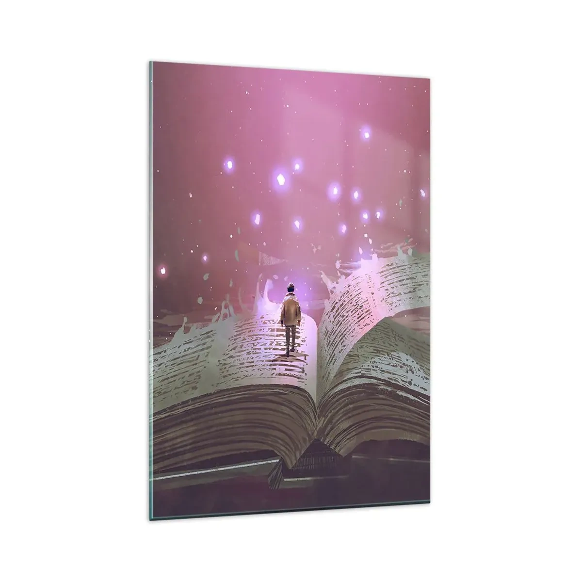 Quadro su vetro - Una figura cammina su un libro aperto in una luce magica. - 80x120cm - Invito ad un altro mondo: leggi! - Decorazione murale moderna per soggiorno e camera da letto ARTTOR