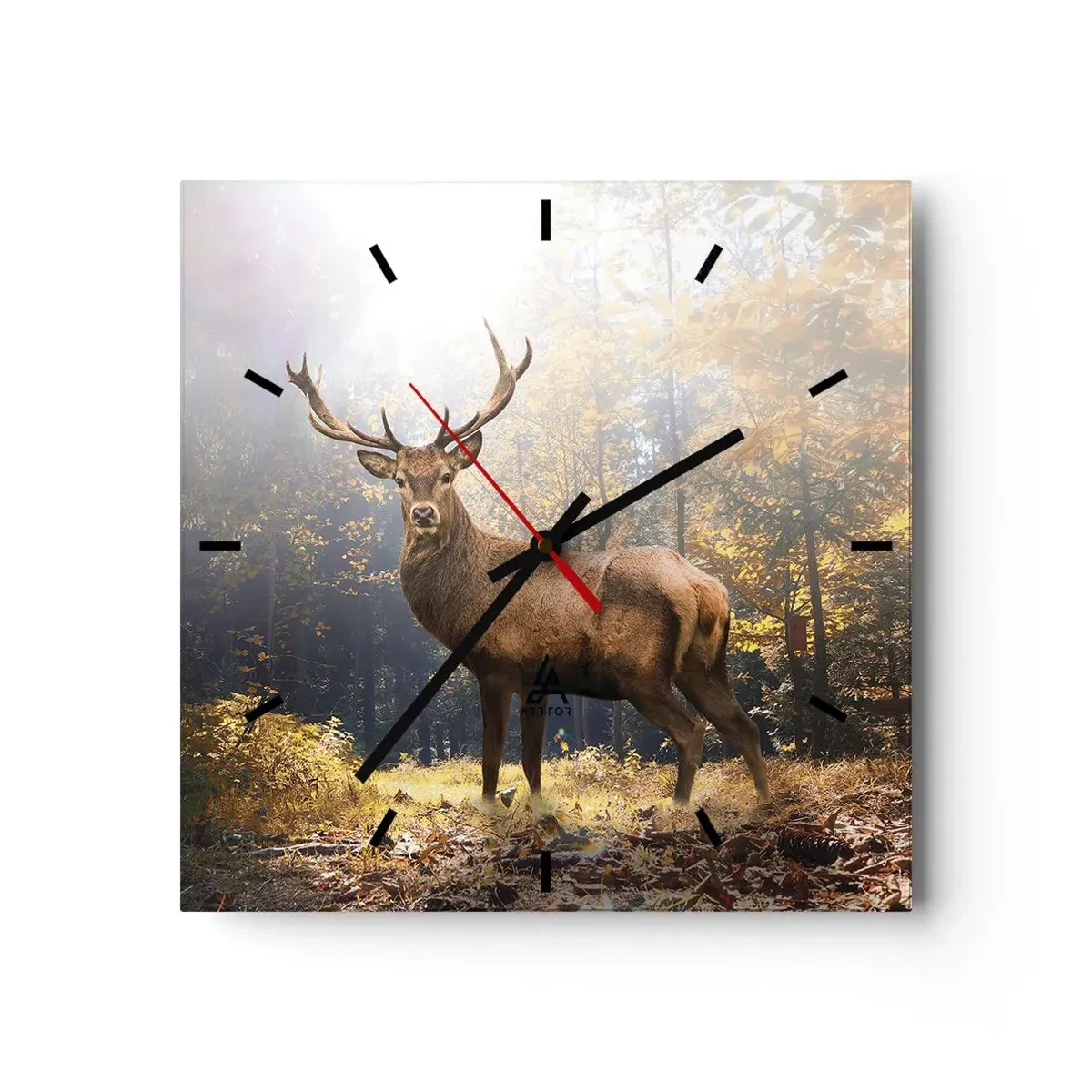 Orologio da parete - Orologio in Vetro - Cervi nella foresta autunnale con raggi di sole - 30x30cm - Nella piena maestà - Decorazione murale moderna per soggiorno e camera da letto ARTTOR