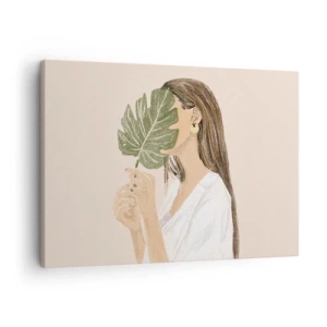 Quadro su tela - Stampe su Tela - Ritratto di una donna con una foglia di monstera su uno sfondo beige - 70x50cm - Misterioso ritratto con ventaglio - Decorazione murale moderna per soggiorno e camera da letto ARTTOR