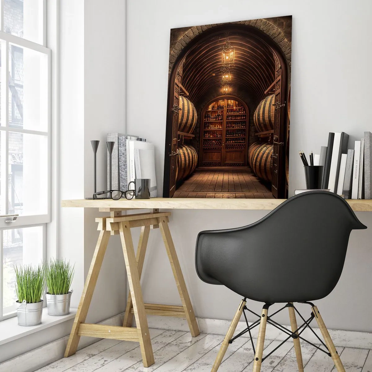Quadro su vetro - Cantina con botti di legno e scaffali per il vino - 70x100cm - L'atmosfera della cantina - Decorazione murale moderna per soggiorno e camera da letto ARTTOR