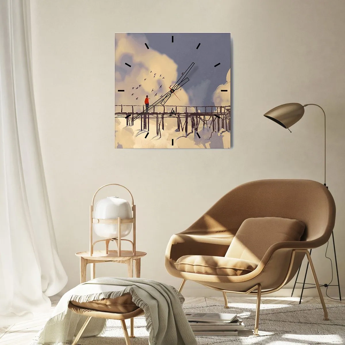 Orologio da parete - Orologio in Vetro - Una figura su un ponte tra le nuvole con uccelli nel cielo - 30x30cm - Nostalgia del cielo - Decorazione murale moderna per soggiorno e camera da letto ARTTOR