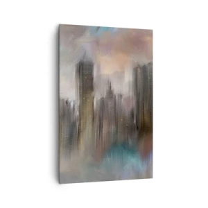 Quadro su tela - Stampe su Tela - Una visione artistica di un paesaggio urbano con grattacieli dai colori pastello. - 80x120cm - Composizione con acciaio, pietra e nebbia - Decorazione murale moderna per soggiorno e camera da letto ARTTOR
