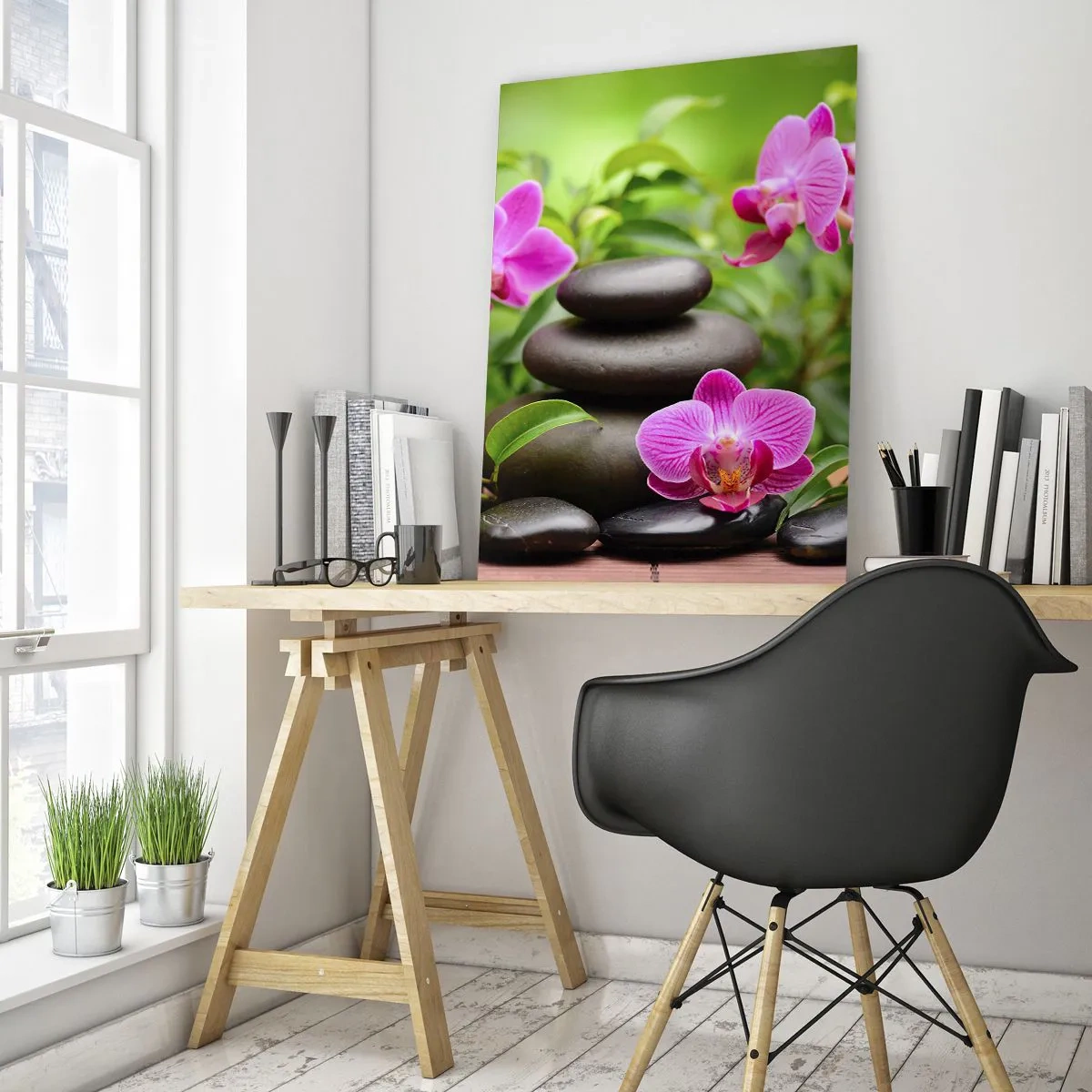 Quadro su vetro - Orchidee rosa con pietre su sfondo verde - 80x120cm - Piramide di pace - Decorazione murale moderna per soggiorno e camera da letto ARTTOR