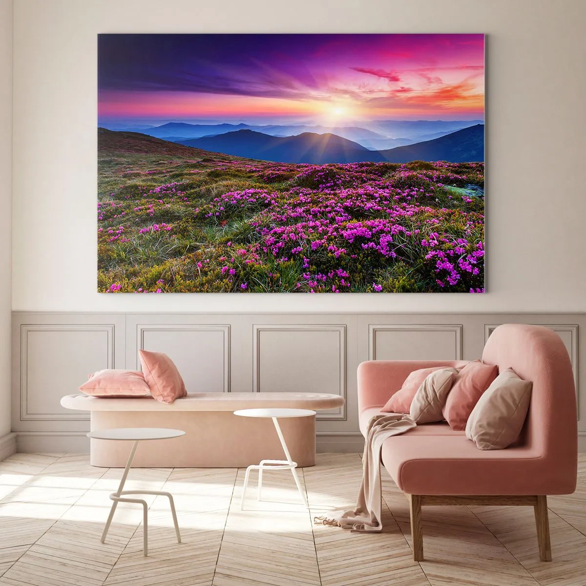 Quadro su vetro - Paesaggio montano con brughiera al tramonto - 100x70cm - Il profumo dei fiori freschi del campo - Decorazione murale moderna per soggiorno e camera da letto ARTTOR