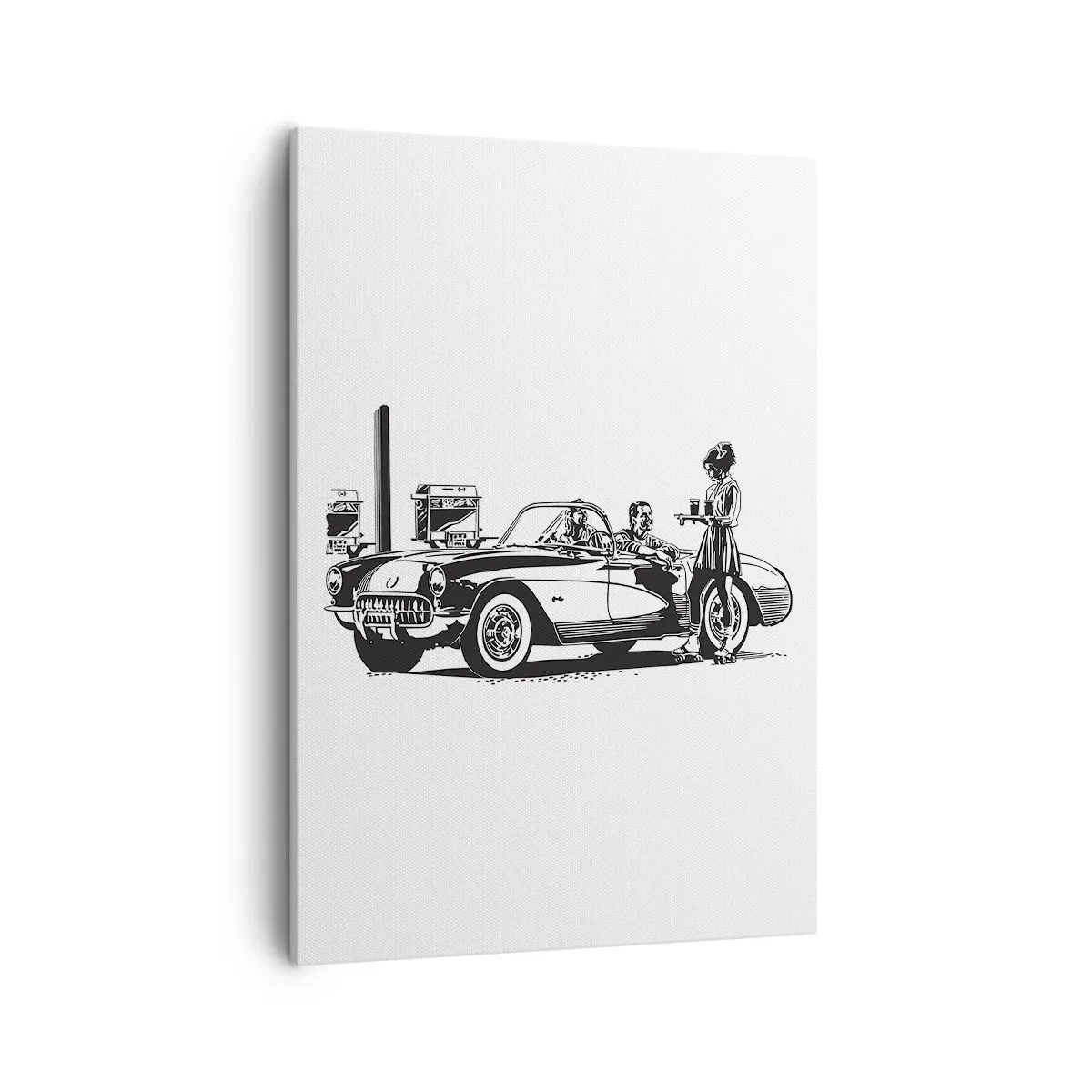 Quadro su tela - Stampe su Tela - Una scena retrò in bianco e nero con un'auto e una cameriera sui pattini a rotelle. - 50x70cm - Anni '60: l'America spensierata - Decorazione murale moderna per soggiorno e camera da letto ARTTOR