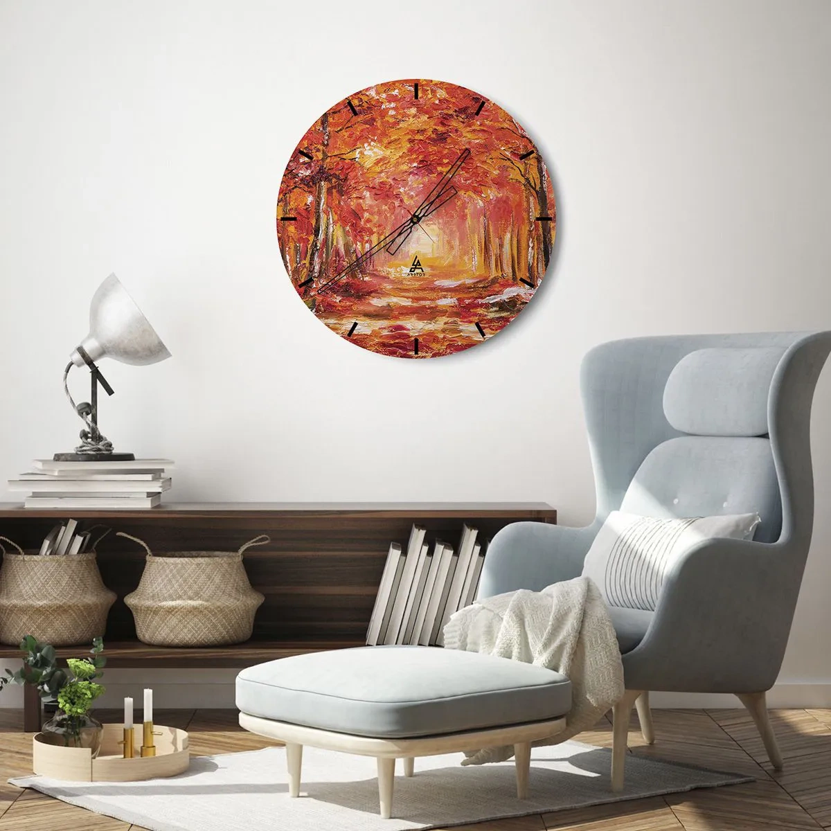 Orologio da parete - Orologio in Vetro - Foresta autunnale nelle calde tonalità del rosso e dell'arancione - 30x30cm - Foresta di rame - Decorazione murale moderna per soggiorno, cucina e camera da letto ARTTOR