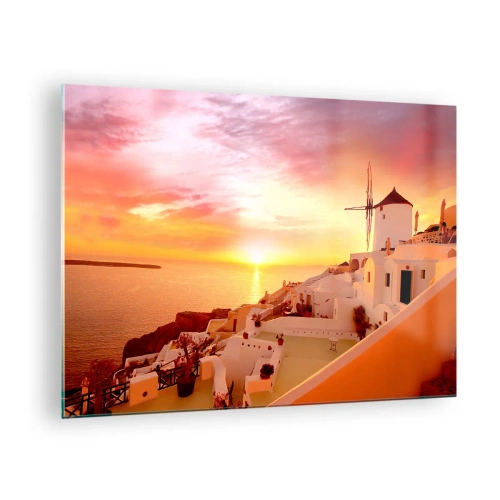 Quadro su vetro - Tramonto su Santorini con edifici bianchi e un mulino a vento - 70x50cm - Sciogliersi nel bianco e nell'oro - Decorazione murale moderna per soggiorno e camera da letto ARTTOR