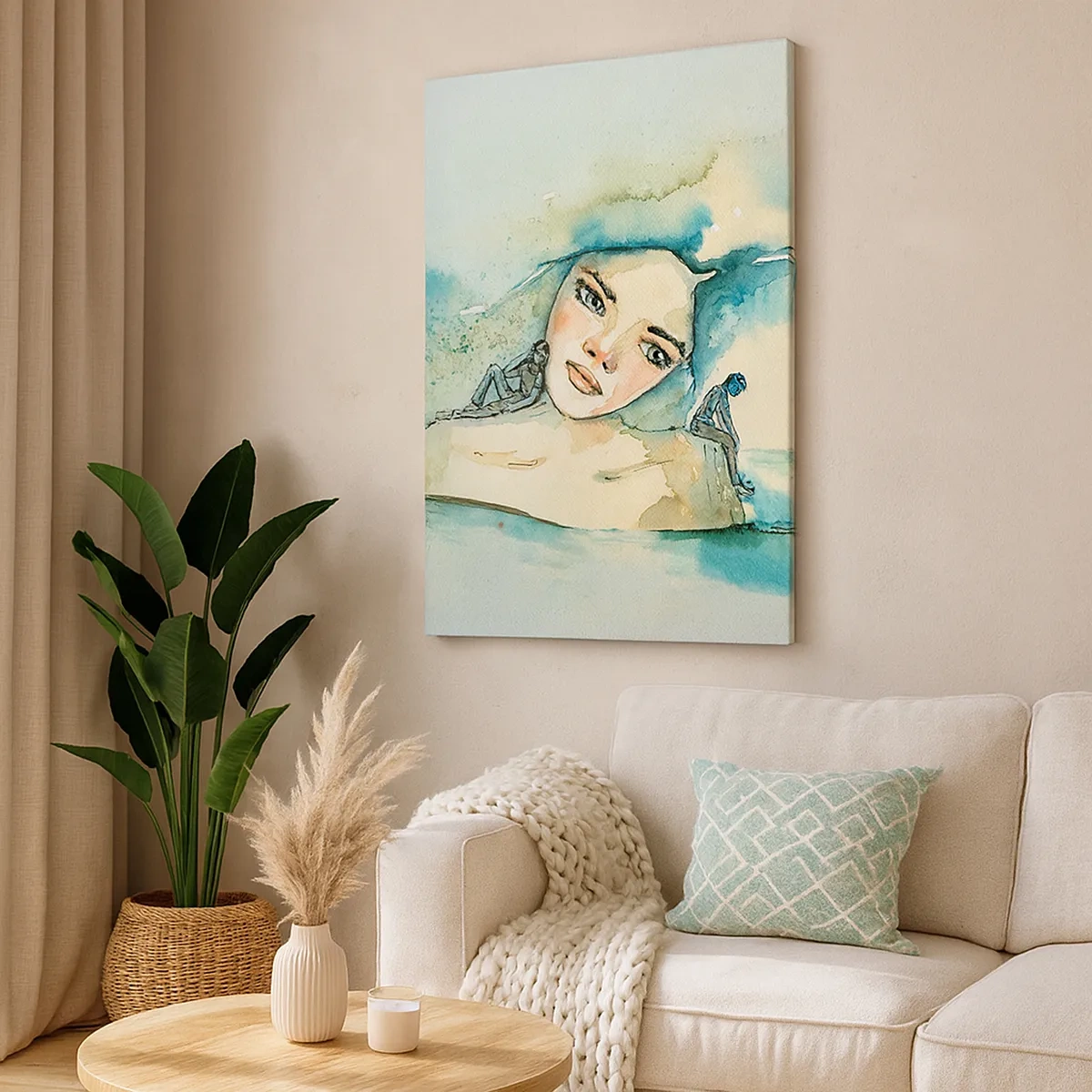 Quadro su tela - Stampe su Tela - Acquerello del volto di una donna con motivo riflettente - 50x70cm - Am I blue? - Decorazione murale moderna per soggiorno e camera da letto ARTTOR