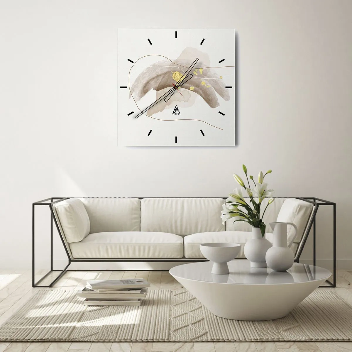 Orologio da parete - Orologio in Vetro - Una composizione astratta nei toni del beige e dell'oro. - 30x30cm - Incontro nello spazio - Decorazione murale moderna per soggiorno e camera da letto ARTTOR