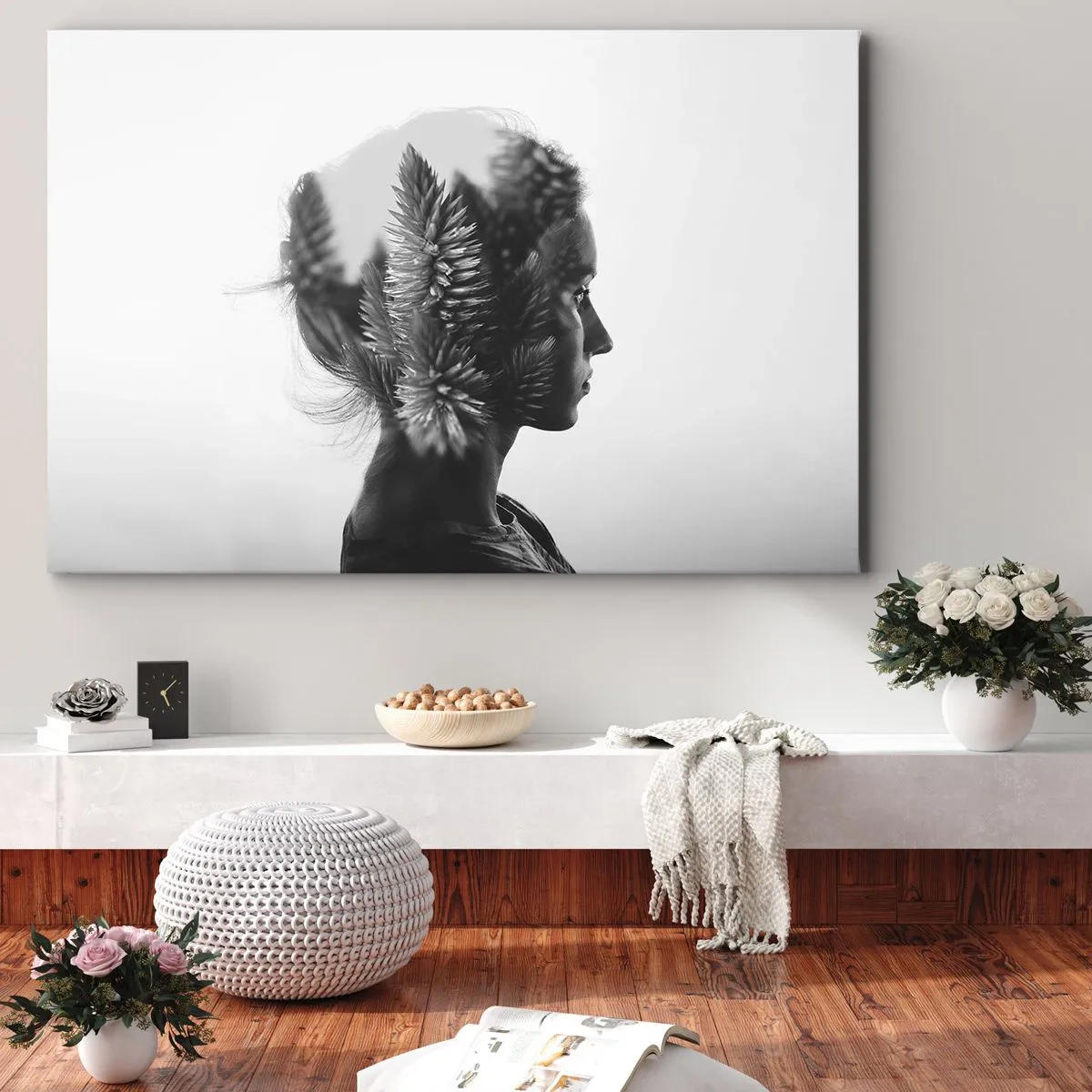Quadro su tela - Stampe su Tela - Un ritratto sottile con elementi della natura - 120x80cm - La signora della pineta - Decorazione murale moderna per soggiorno e camera da letto ARTTOR