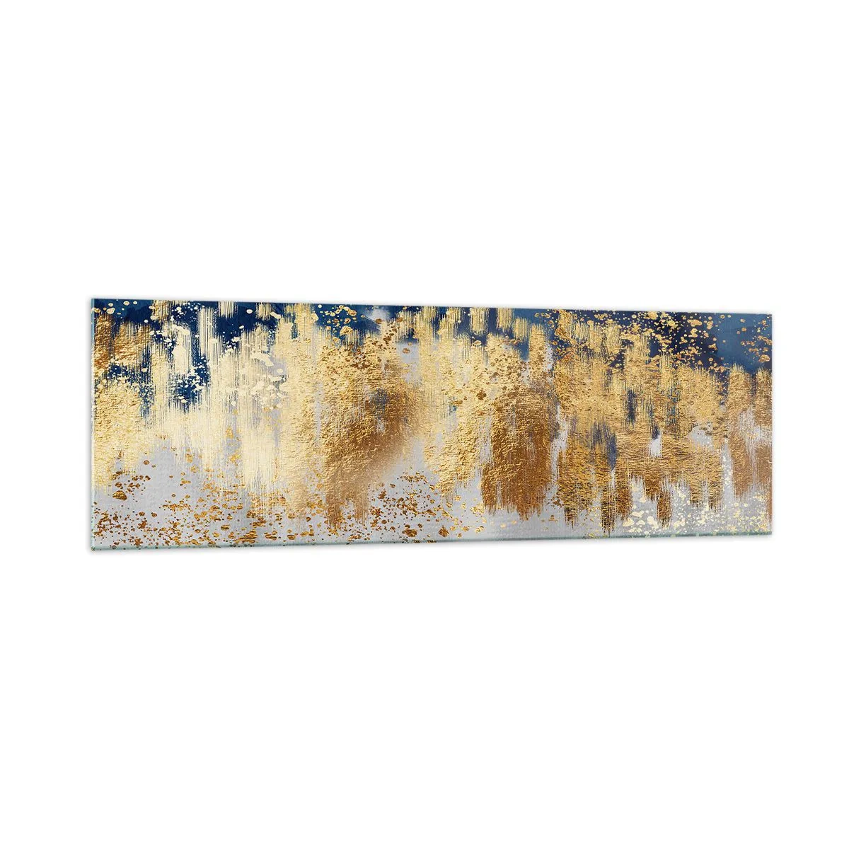 Quadro su vetro - Una composizione astratta nei toni dell'oro e del blu navy. - 160x50cm - Composizione moderna con bagliore - Decorazione murale moderna per soggiorno e camera da letto ARTTOR