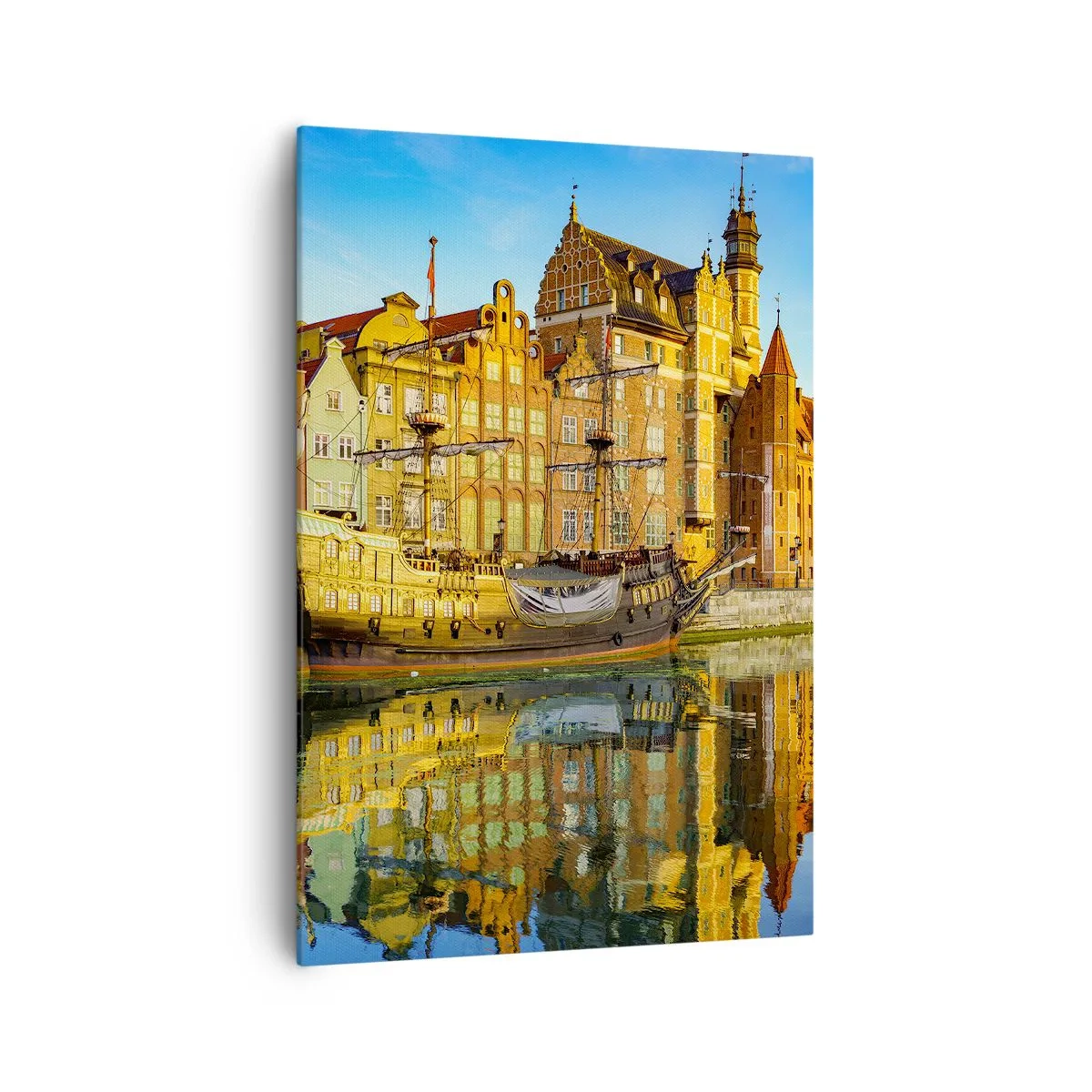 Quadro su tela - Stampe su Tela - Una vista pittoresca della città vecchia con una nave a vela e l'acqua - 70x100cm - Il riflesso del passato - Decorazione murale moderna per soggiorno e camera da letto ARTTOR