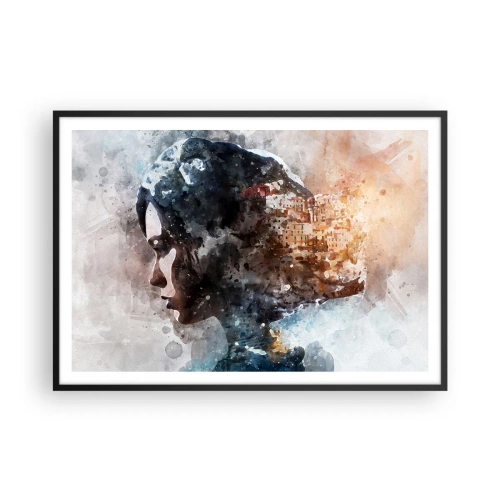 Poster in cornice nera - Ritratto di una donna che combina il suo viso con un paesaggio urbano sullo sfondo - 100x70cm - Racconto su una ragazza con città sullo sfondo - Decorazione murale moderna per soggiorno e camera da letto ARTTOR