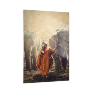 Quadro su vetro - Un monaco con due elefanti in una foresta - 50x70cm - Comprensione perfetta - Decorazione murale moderna per soggiorno e camera da letto ARTTOR