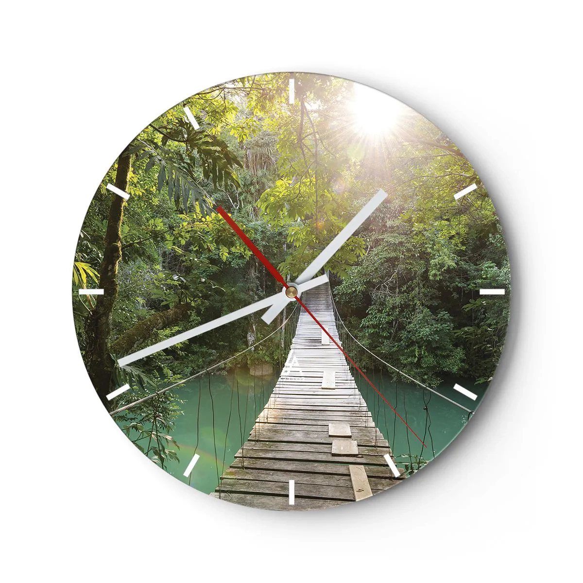 Orologio da parete - Orologio in Vetro - Ponte sospeso in legno nella giungla tropicale all'alba - 30x30cm - Sull'acqua azzurra verso il bosco azzurro - Decorazione murale moderna per soggiorno, cucina e camera da letto ARTTOR