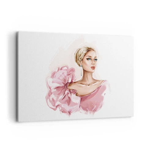 Quadro su tela - Stampe su Tela - Ritratto di una donna in abito rosa su sfondo chiaro - 120x80cm - Come un quadro... - Decorazione murale moderna per soggiorno e camera da letto ARTTOR