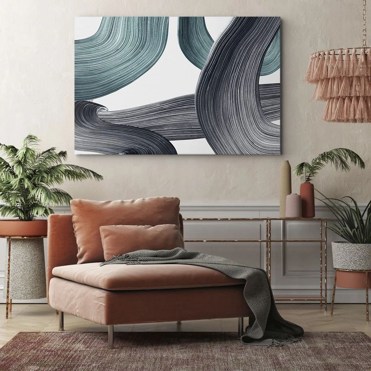 Quadro su tela - Stampe su Tela - Linee astratte fluide nelle tonalità del verde e del grigio - 100x70cm - Tracce smeraldo e nero - Decorazione murale moderna per soggiorno e camera da letto ARTTOR