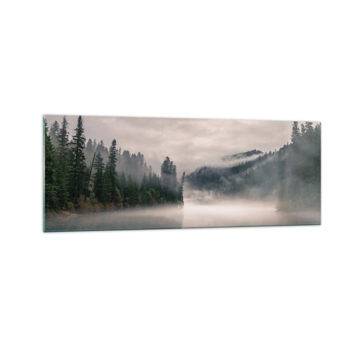 Quadro su vetro - Una foresta nebbiosa riflessa in un lago calmo - 140x50cm - Riflettendo nella nebbia - Decorazione murale moderna per soggiorno e camera da letto ARTTOR