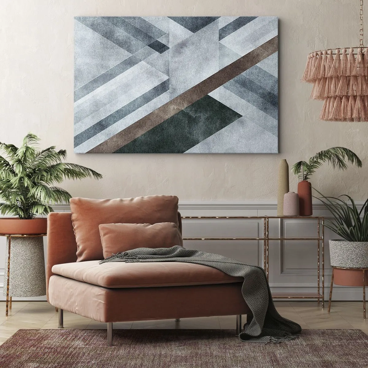 Quadro su tela - Stampe su Tela - Forme geometriche in tonalità fredde di blu e marrone - 70x50cm - La ricercata eleganza della geometria - Decorazione murale moderna per soggiorno e camera da letto ARTTOR