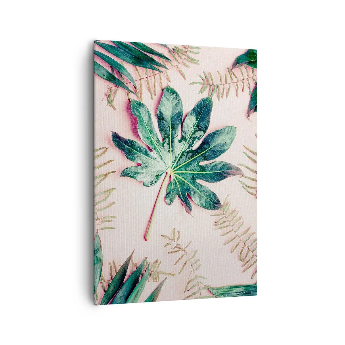 Quadro su tela - Stampe su Tela - Foglie tropicali su uno sfondo pastello chiaro - 70x100cm - Studio di verde su sfondo rosa - Decorazione murale moderna per soggiorno e camera da letto ARTTOR