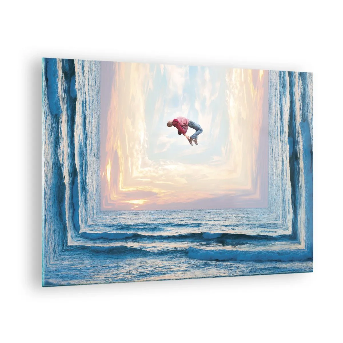 Quadro su vetro - Un uomo che salta sul mare in una cornice surreale - 70x50cm - In un'altra dimensione - Decorazione murale moderna per soggiorno e camera da letto ARTTOR