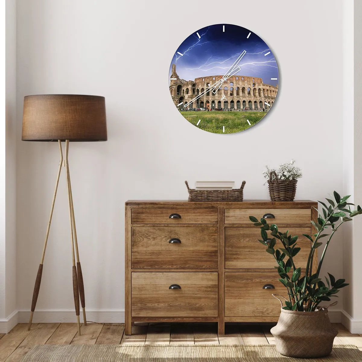 Orologio da parete - Orologio in Vetro - Il Colosseo illuminato da un fulmine contro un cielo scuro - 30x30cm - Arena di combattimenti - Decorazione murale moderna per soggiorno, cucina e camera da letto ARTTOR