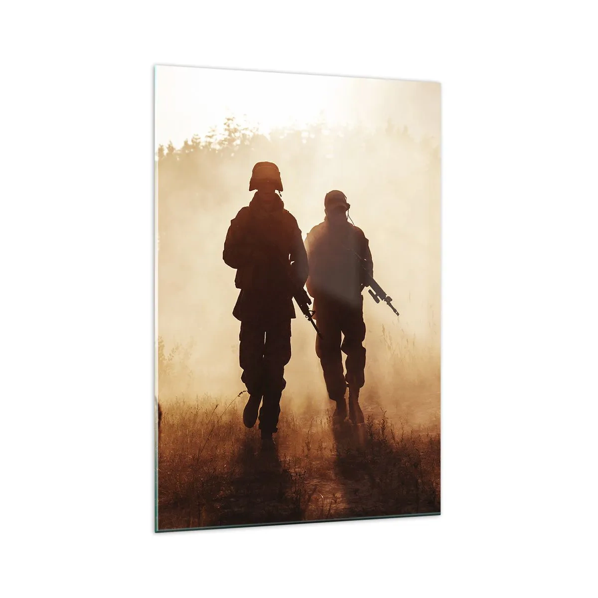 Quadro su vetro - Soldati marciano nella nebbia mattutina con la natura sullo sfondo - 70x100cm - Call of Duty - Decorazione murale moderna per soggiorno e camera da letto ARTTOR