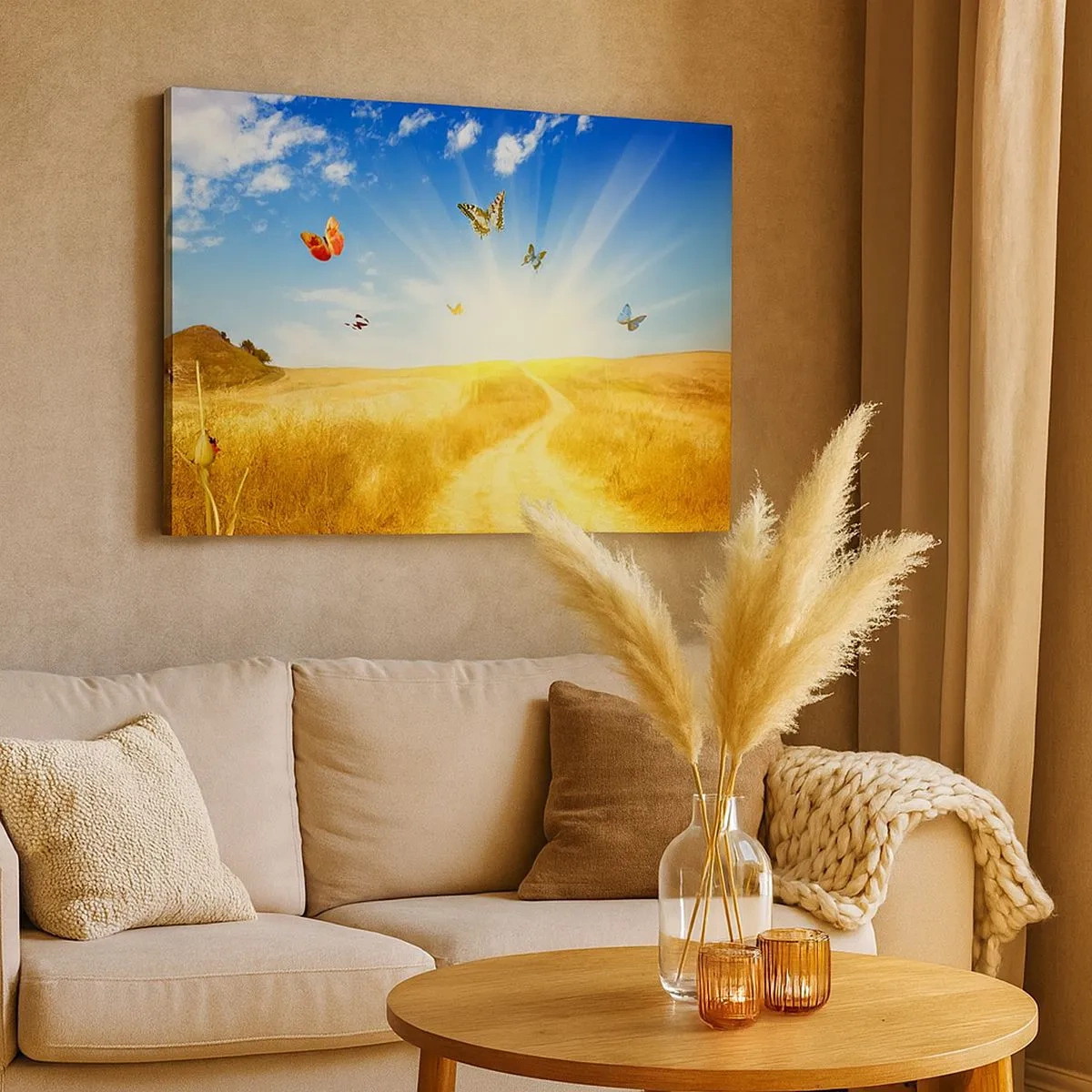 Quadro su tela - Stampe su Tela - Un campo dorato, un sentiero e farfalle contro un cielo azzurro - 70x50cm - Come non amare l'estate? - Decorazione murale moderna per soggiorno e camera da letto ARTTOR