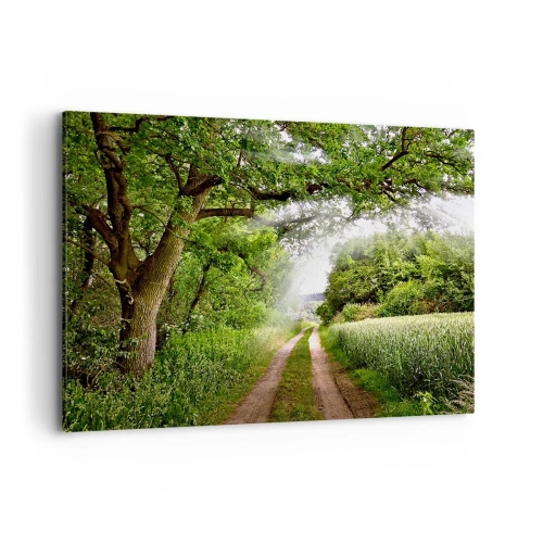 Quadro su tela - Stampe su Tela - Una strada sterrata tra alberi verdi e luce solare - 100x70cm - Et in Arcadia ego - Decorazione murale moderna per soggiorno e camera da letto ARTTOR