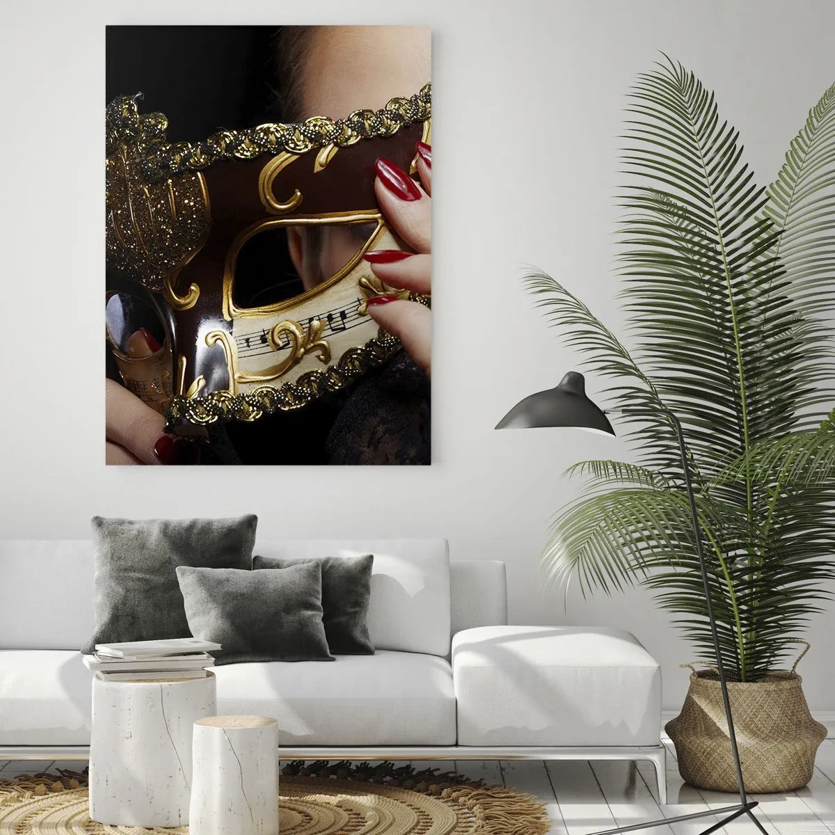 Quadro su vetro - Una donna che indossa una maschera veneziana decorata con oro e pizzo. - 80x120cm - Il mio mondo è barocco - Decorazione murale moderna per soggiorno e camera da letto ARTTOR