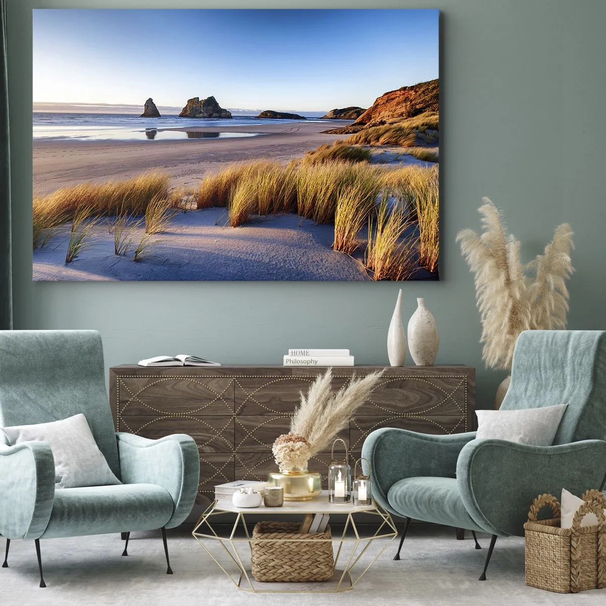 Quadro su tela - Stampe su Tela - Una spiaggia pittoresca con vista sulle rocce e sul mare al tramonto - 70x50cm - Per i cercatori di pace - Decorazione murale moderna per soggiorno e camera da letto ARTTOR