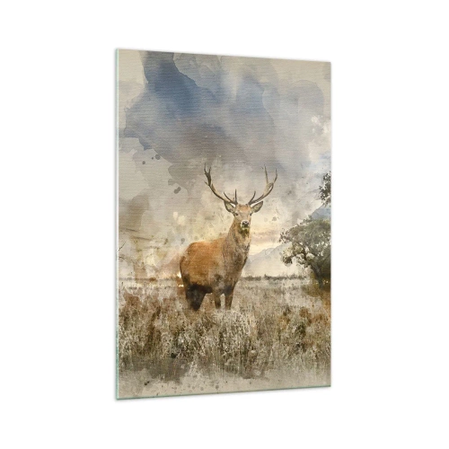 Quadro su vetro - Un cervo in un ambiente naturale in stile acquerello - 70x100cm - Dignità - forza - maestosità - Decorazione murale moderna per soggiorno e camera da letto ARTTOR