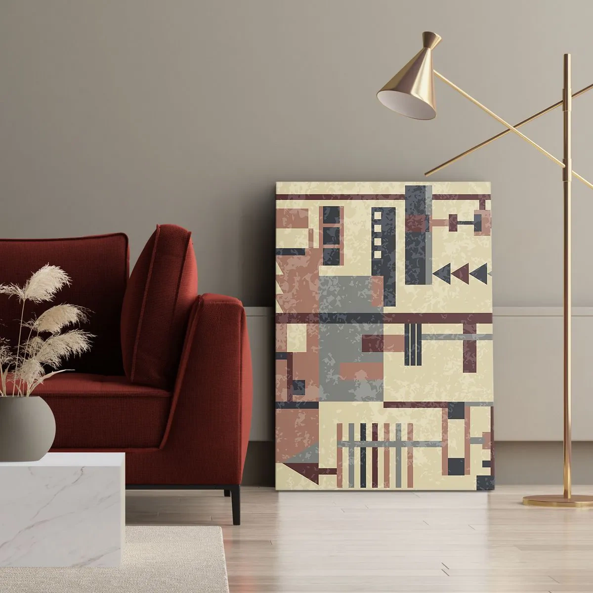 Quadro su tela - Stampe su Tela - Motivo geometrico nei toni pastello del beige, rosso e grigio - 80x120cm - Combinazione di orizzontali e verticali - Decorazione murale moderna per soggiorno e camera da letto ARTTOR