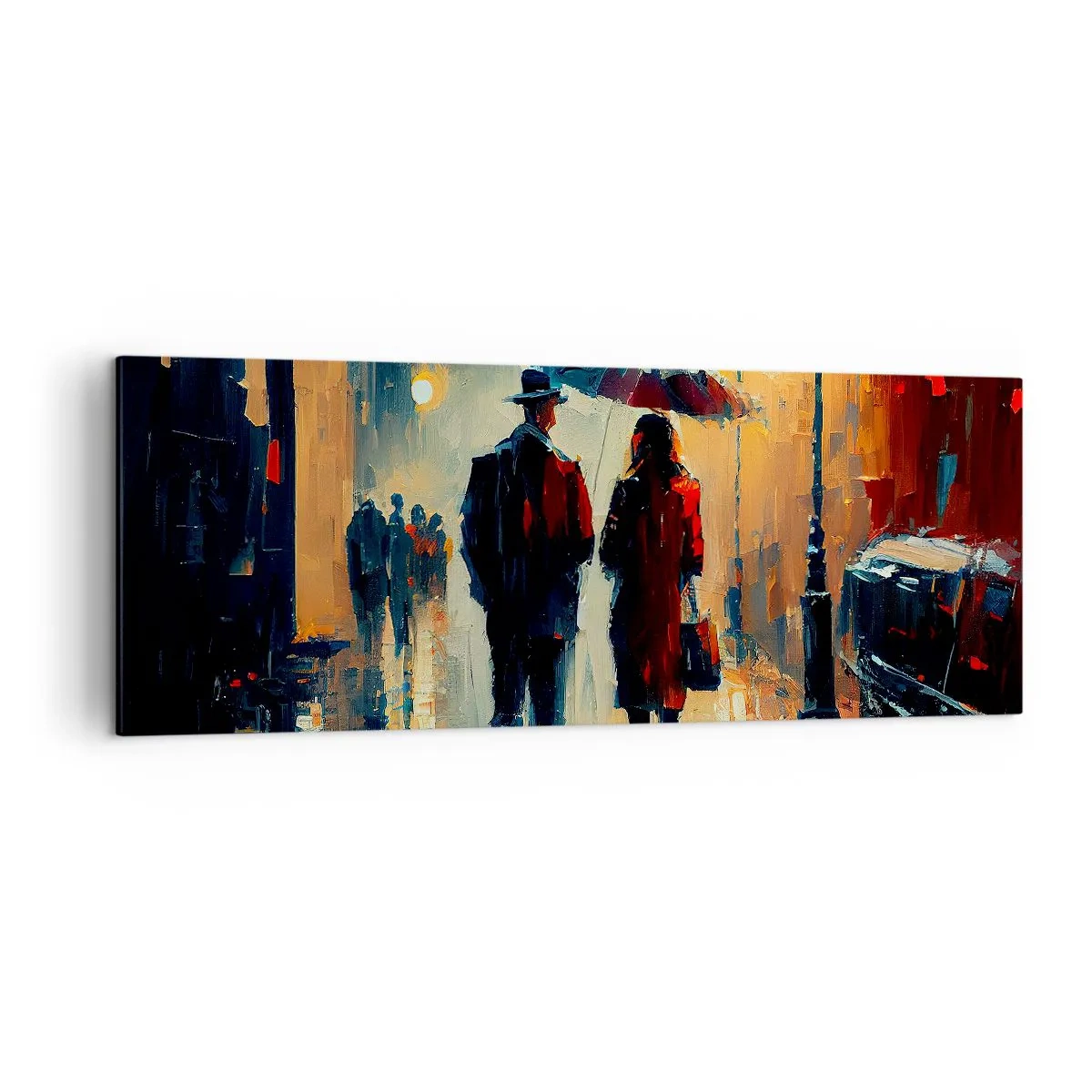 Quadro su tela - Stampe su Tela - Camminare sotto la pioggia sotto un ombrello in città di notte - 140x50cm - Love story cittadina - Decorazione murale moderna per soggiorno e camera da letto ARTTOR