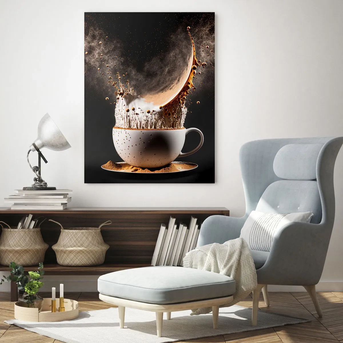 Quadro su vetro - Una tazza di caffè con un'esplosione dinamica di liquido su uno sfondo nero. - 70x100cm - Esplosione di sapore - Decorazione murale moderna per soggiorno e camera da letto ARTTOR