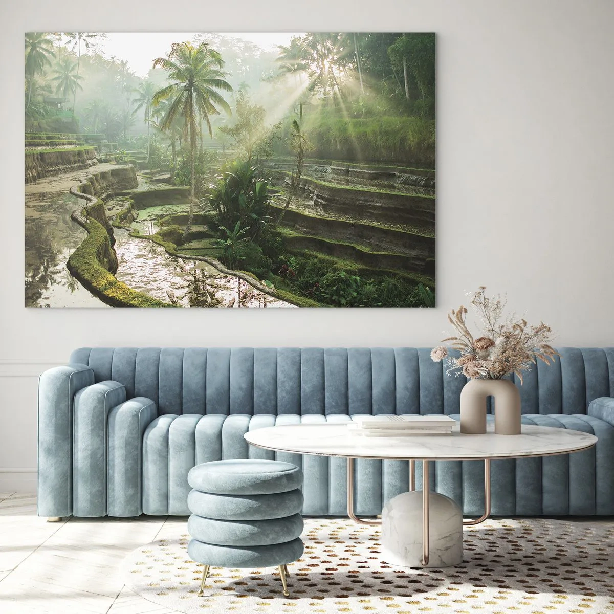 Quadro su vetro - Risaie tropicali con palme nella nebbia mattutina - 100x70cm - Crescere al sole - Decorazione murale moderna per soggiorno e camera da letto ARTTOR