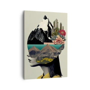 Quadro su tela - Stampe su Tela - Collage di una donna con un paesaggio montano e fiori - 50x70cm - La donna è sempre un mistero - Decorazione murale moderna per soggiorno e camera da letto ARTTOR