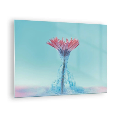 Quadro su vetro - Un fiore fantasioso immerso in una foschia blu e rosa - 70x50cm - L'abbraccio che ravviva - Decorazione murale moderna per soggiorno e camera da letto ARTTOR