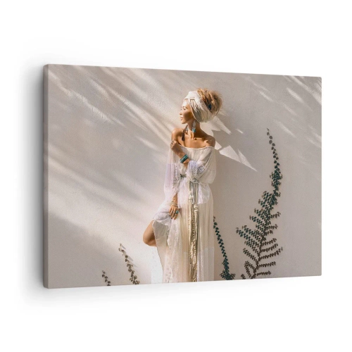 Quadro su tela - Stampe su Tela - Una donna in stile boho illuminata dai raggi del sole - 70x50cm - Il sole e la ragazza - Decorazione murale moderna per soggiorno e camera da letto ARTTOR