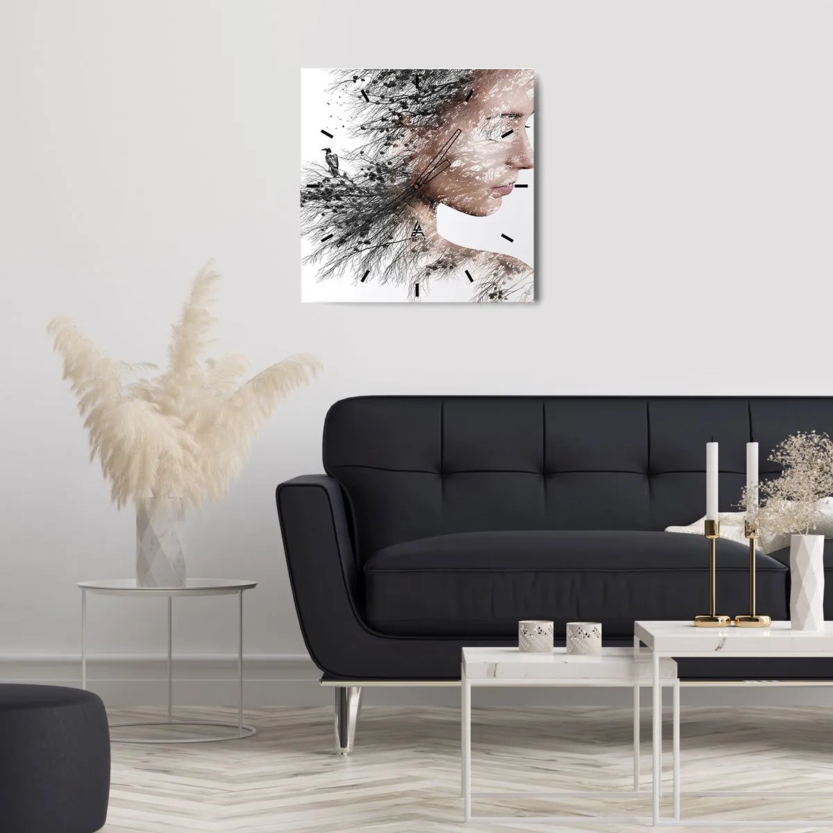 Orologio da parete - Orologio in Vetro - Silhouette di una donna con un motivo di ramo e uccello sullo sfondo - 30x30cm - Lo spirito della foresta - Decorazione murale moderna per soggiorno e camera da letto ARTTOR