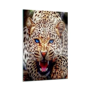 Quadro su vetro - Un feroce leopardo dagli occhi azzurri in natura - 50x70cm - La rabbia non rovina la bellezza - Decorazione murale moderna per soggiorno e camera da letto ARTTOR