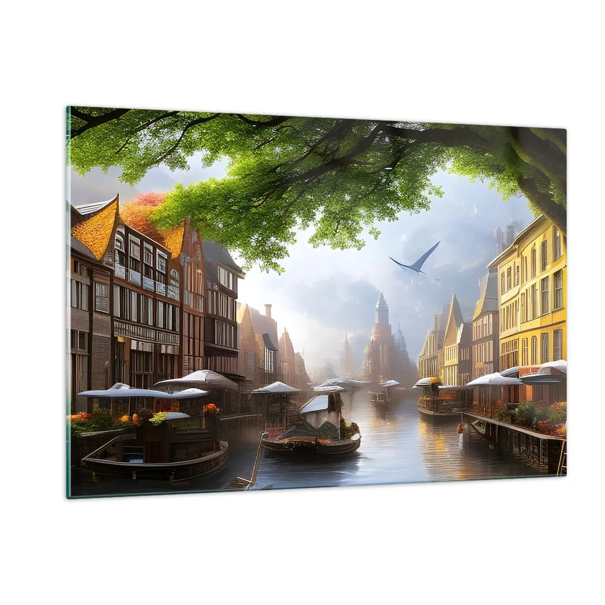 Quadro su vetro - Una suggestiva vista di un canale olandese con barche ed edifici - 120x80cm - Paesaggio urbano olandese - Decorazione murale moderna per soggiorno e camera da letto ARTTOR