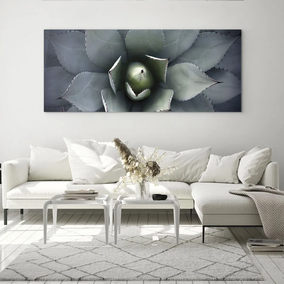 Quadro su vetro - Primo piano di una rosetta di agave in delicate tonalità di verde - 160x50cm - Adesca e minaccia - Decorazione murale moderna per soggiorno e camera da letto ARTTOR