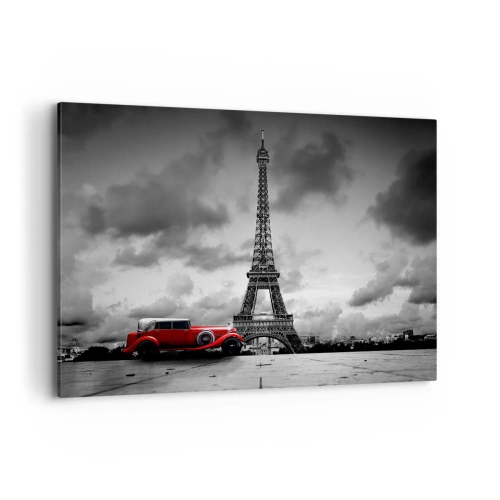 Quadro su tela - Stampe su Tela - Auto retrò rossa davanti alla Torre Eiffel in bianco e nero - 120x80cm - Non molto tempo fa a Parigi - Decorazione murale moderna per soggiorno e camera da letto ARTTOR